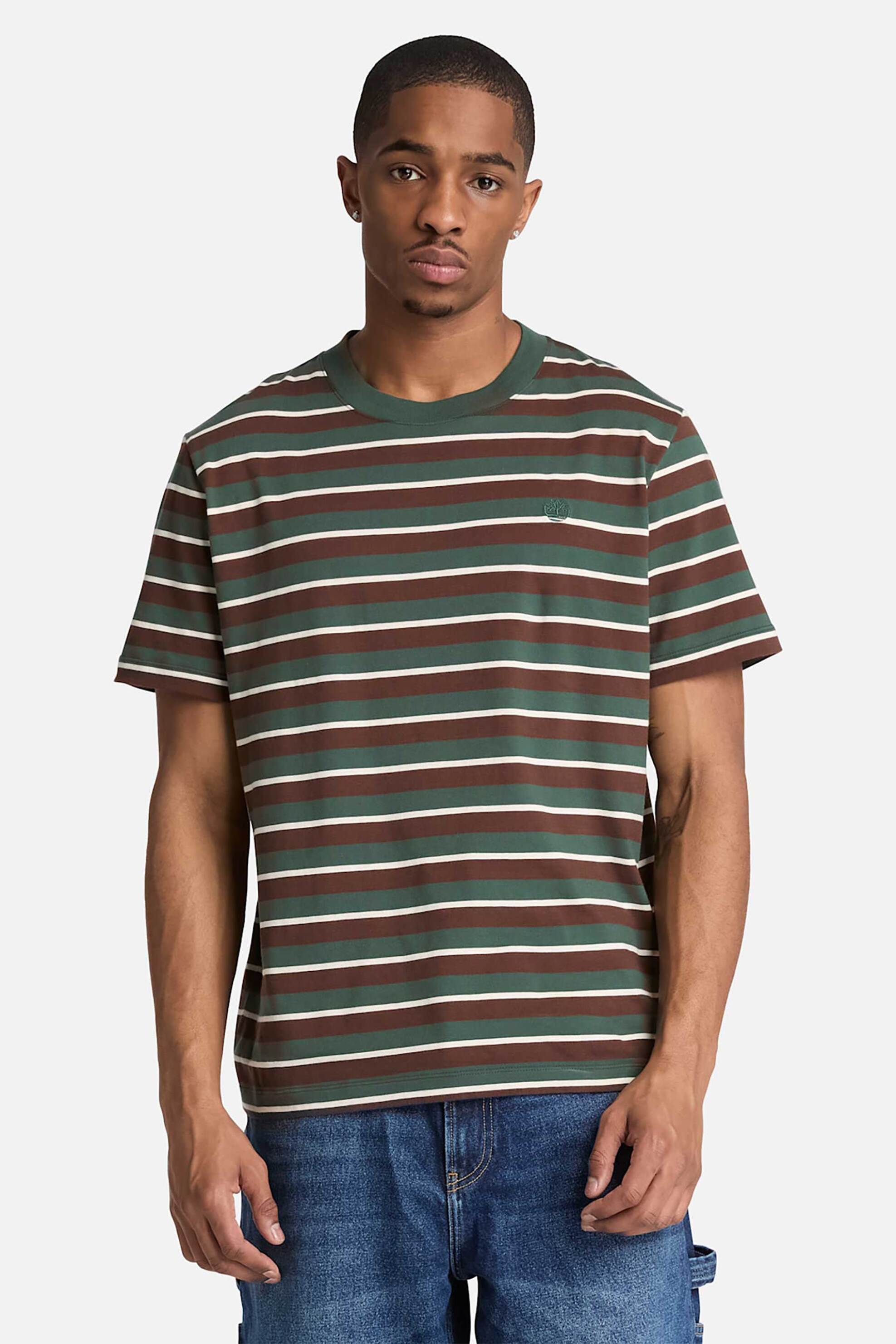Timberland ανδρικό T-shirt με ριγέ σχέδιο και κεντημένο λογότυπο Regular Fit - TBC0YHDDAIC1 Πράσινο Σκούρο