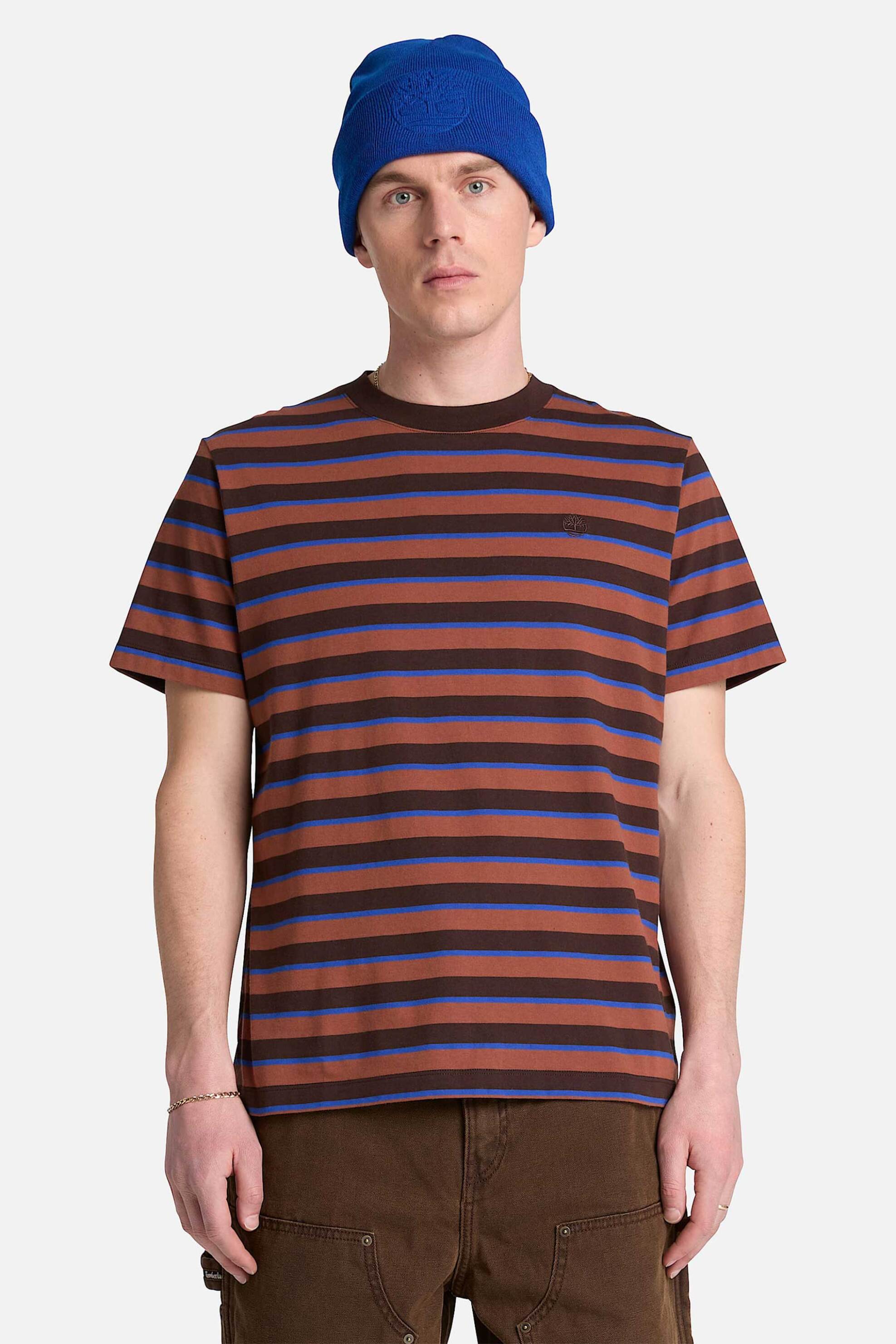 Timberland ανδρικό T-shirt με ριγέ σχέδιο και κεντημένο λογότυπο Regular Fit - TBC0YHDDC371 Καφέ
