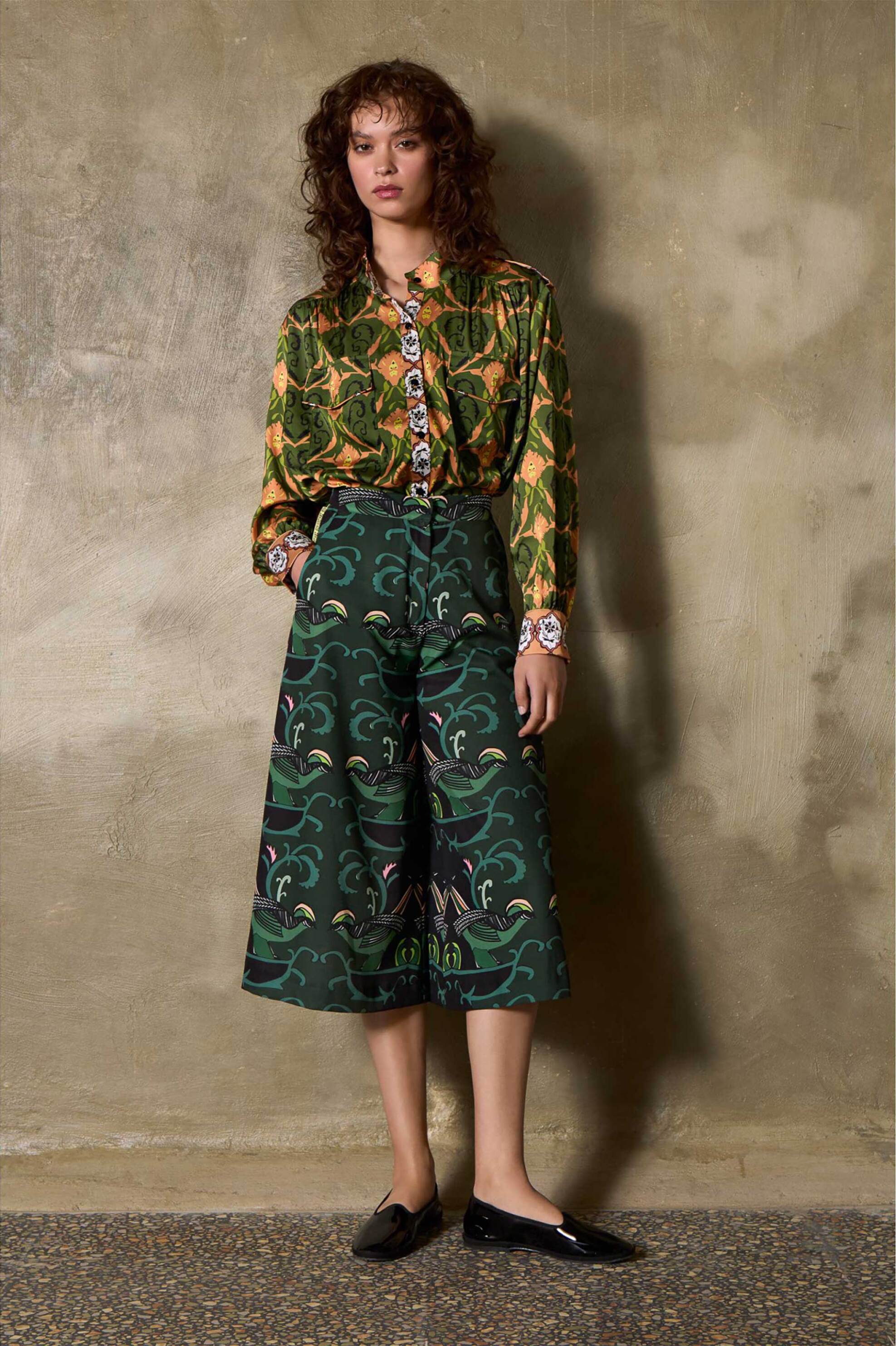 THE ARTIANS The Artians γυναικεία ψηλόμεση ζιπ κιλότ με all-over print Relaxed Wide Fit "Pelicon" - ZCCR9 Πράσινο Σκούρο