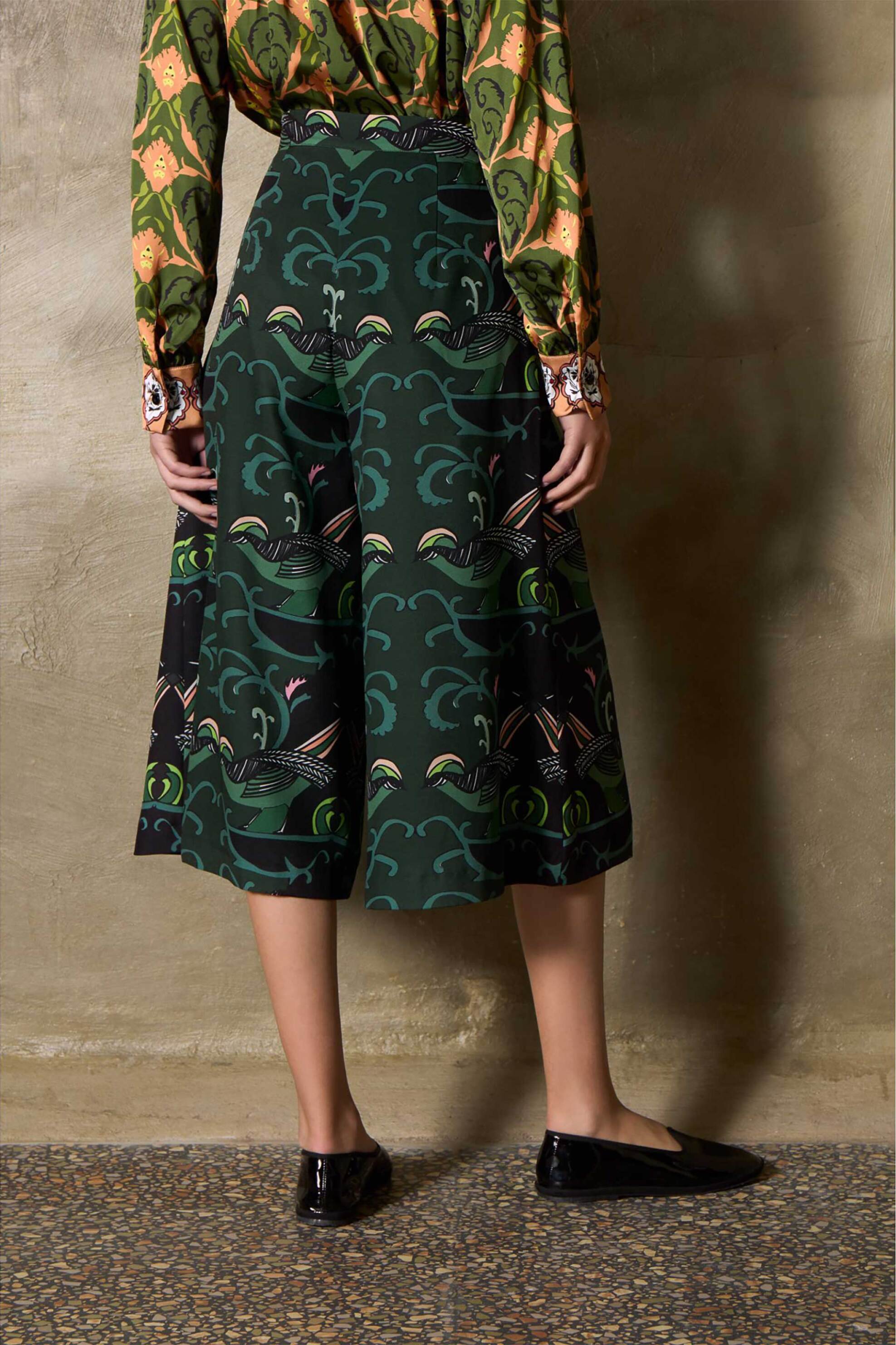 THE ARTIANS The Artians γυναικεία ψηλόμεση ζιπ κιλότ με all-over print Relaxed Wide Fit "Pelicon" - ZCCR9 Πράσινο Σκούρο - 4