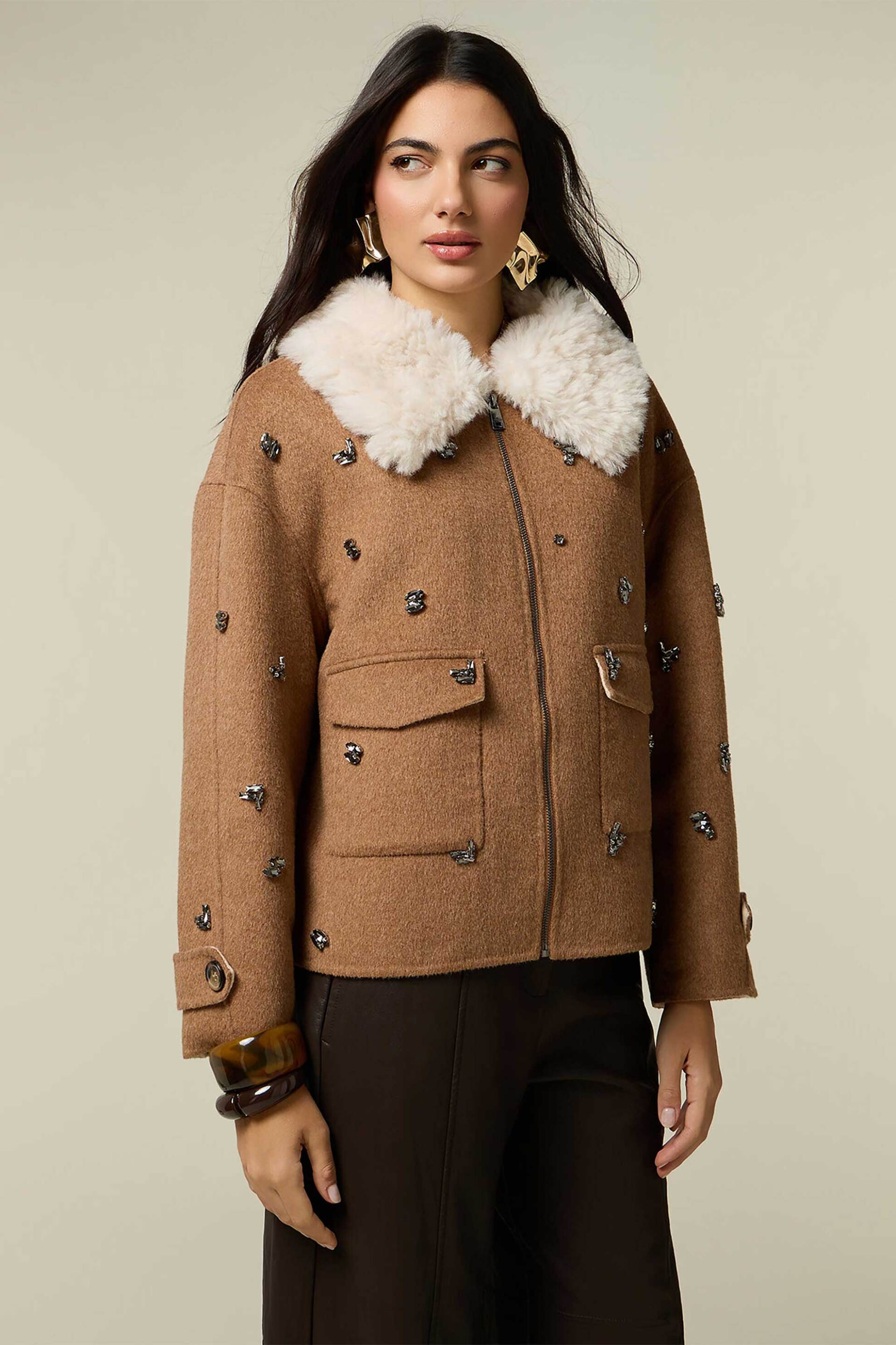 OLTRE Oltre γυναικείο jacket με διακοσμητικές πέτρες - 0021J0057W Ταμπά
